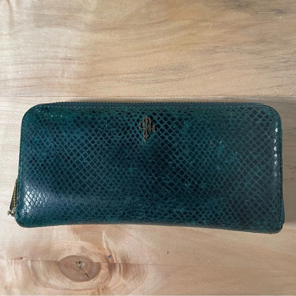 Cole Han blue green snake print zipper wallet - Picture 1 of 9